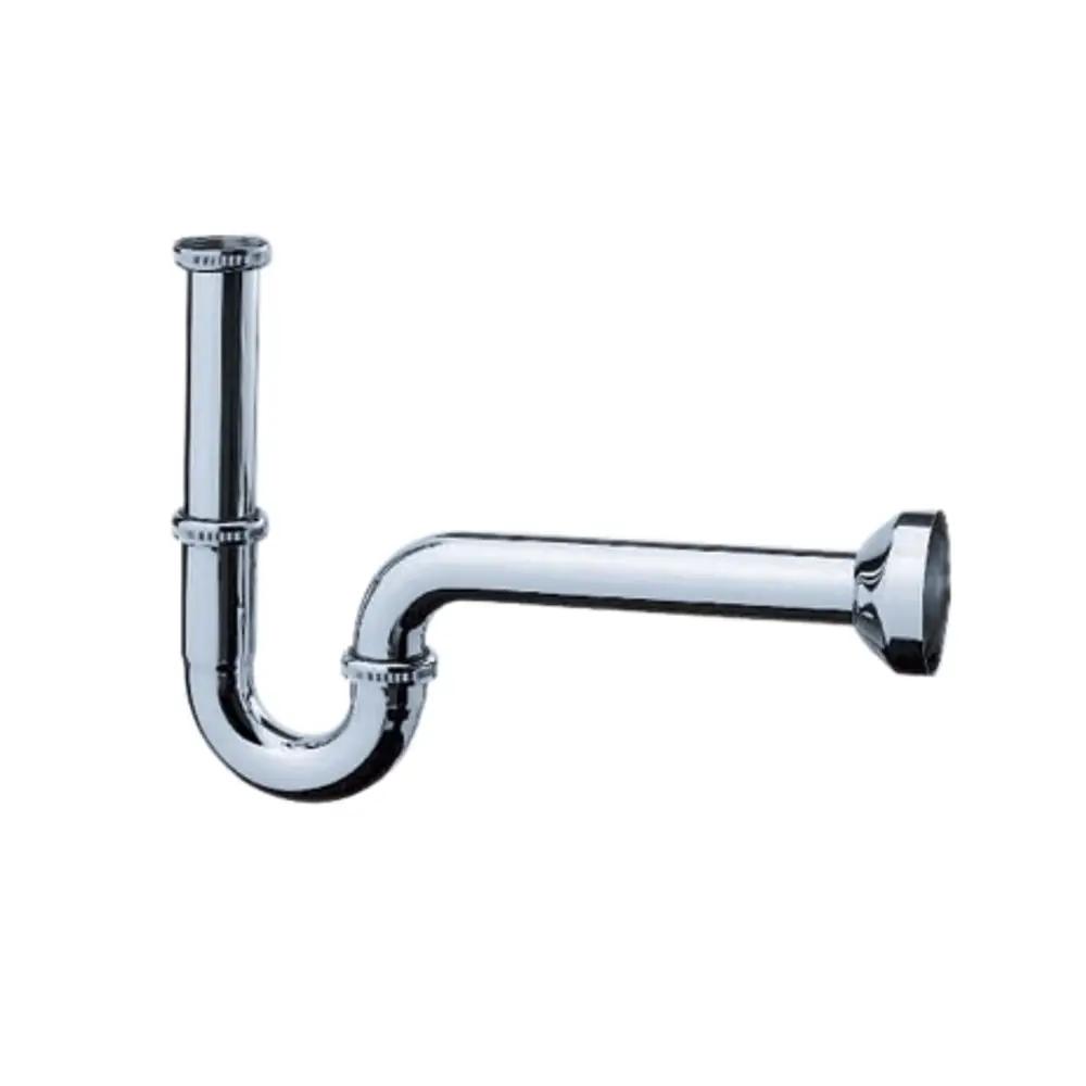 Röhrensiphon aus Chrom von Hansgrohe, zur Verwendung in Abflusssystemen. Das Produkt zeigt einen gebogenen, verchromten Rohranschluss für einfache Installation.
